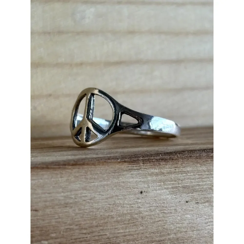 Boho 925 Sterling Silver Peace Sign Ring Band Size 6.5